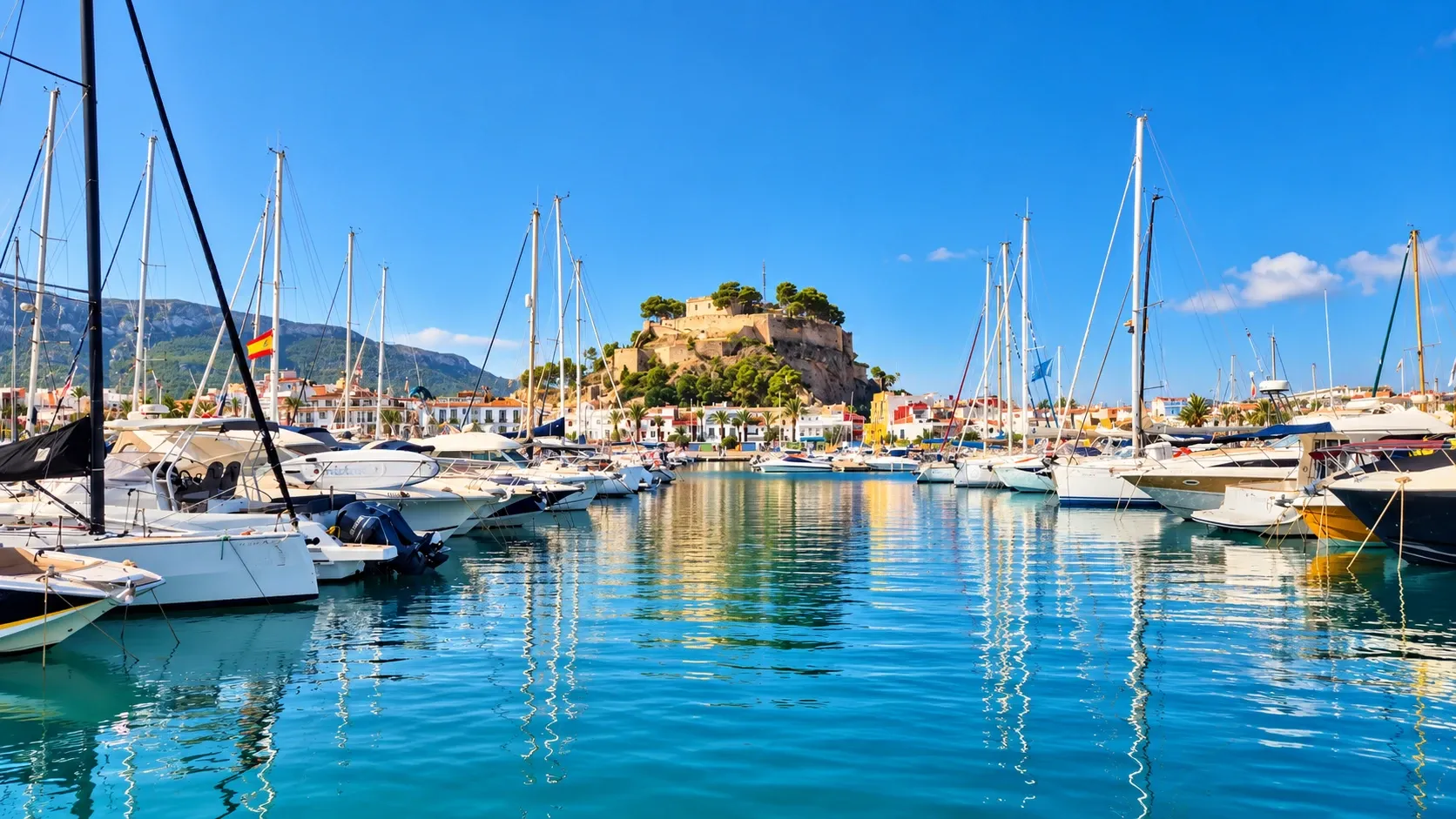 De jachthaven van Dénia met het kasteel en de Montgó op de achtergrond