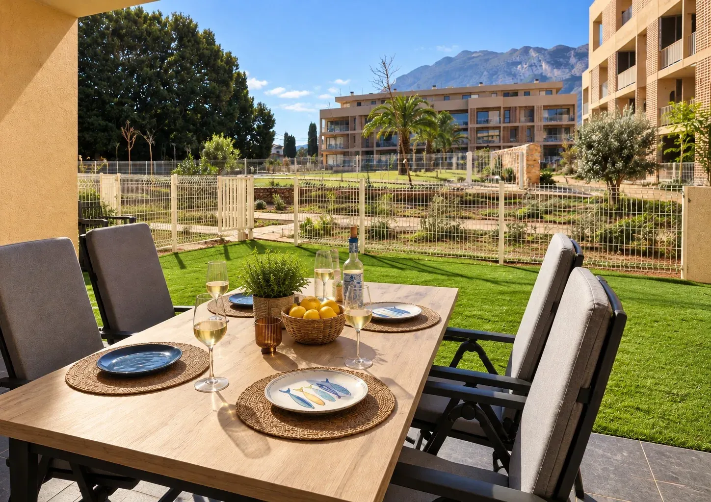 Gedekte tafel op het terras van appartement Flor y Mar met tuin en uitzicht op de Montgó
