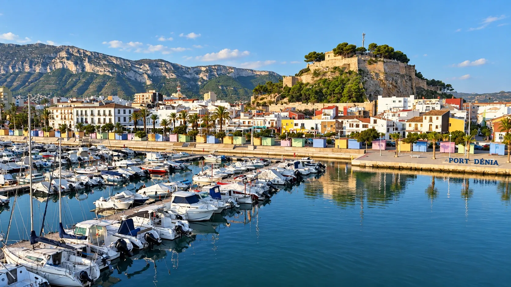Port Dénia met de jachthaven, het kasteel en de Montgó