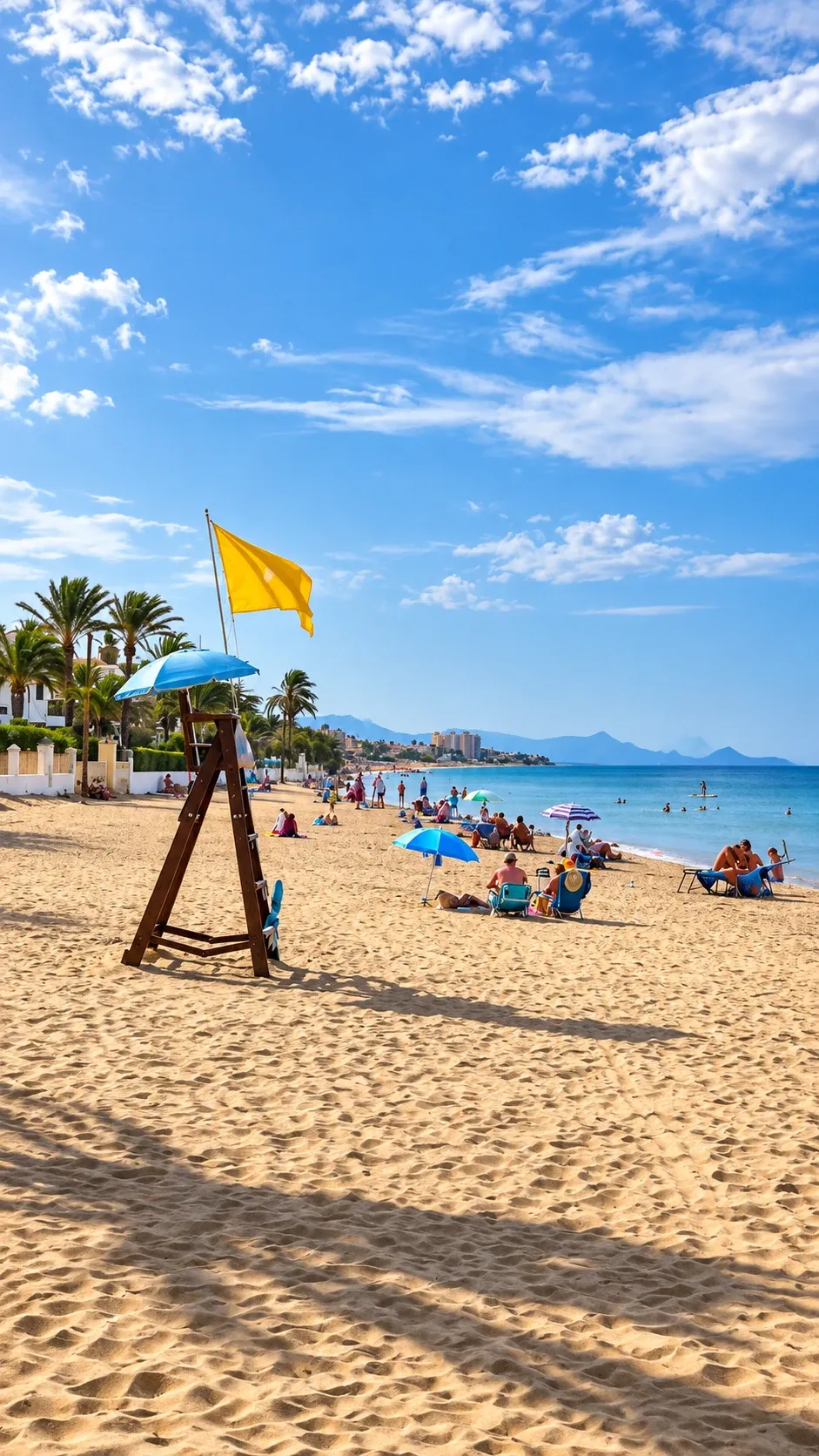 Zandstrand Les Marines in Dénia met strandwachtstoel en parasols